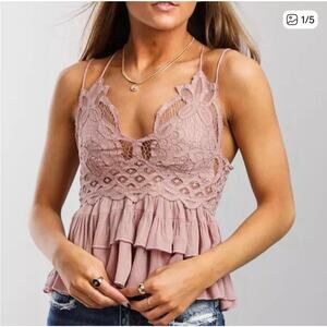FREE PEOPLE SZ XS NWT Adella Dusty Mauve Cami Crochet Dainty Boho Festival Femin